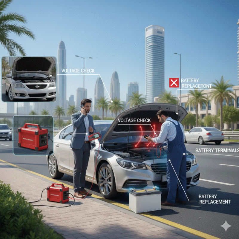 Illustration showing battery maintenance steps, terminal cleaning, alternator check, and jump starter use to prevent battery failure during errands in Dubai.