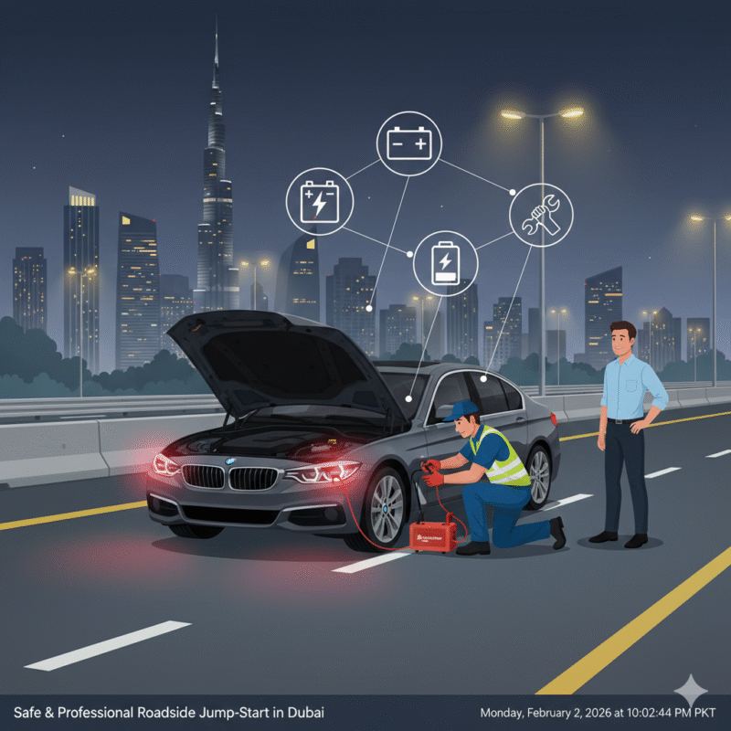 Technician performs emergency jump start on a stranded car on Dubai roadside with hazard lights on.