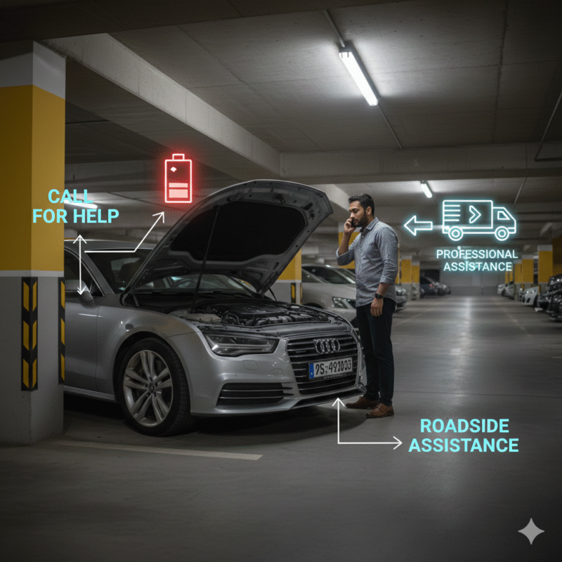 Calling Professional Roadside Help for Dead Car Driver calling roadside assistance for a dead car in an underground Dubai garage.