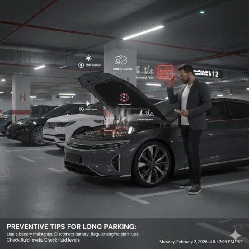 Driver inspects a modern sedan in underground Dubai parking with dim dashboard lights and unresponsive engine, highlighting common causes for FAQs.
