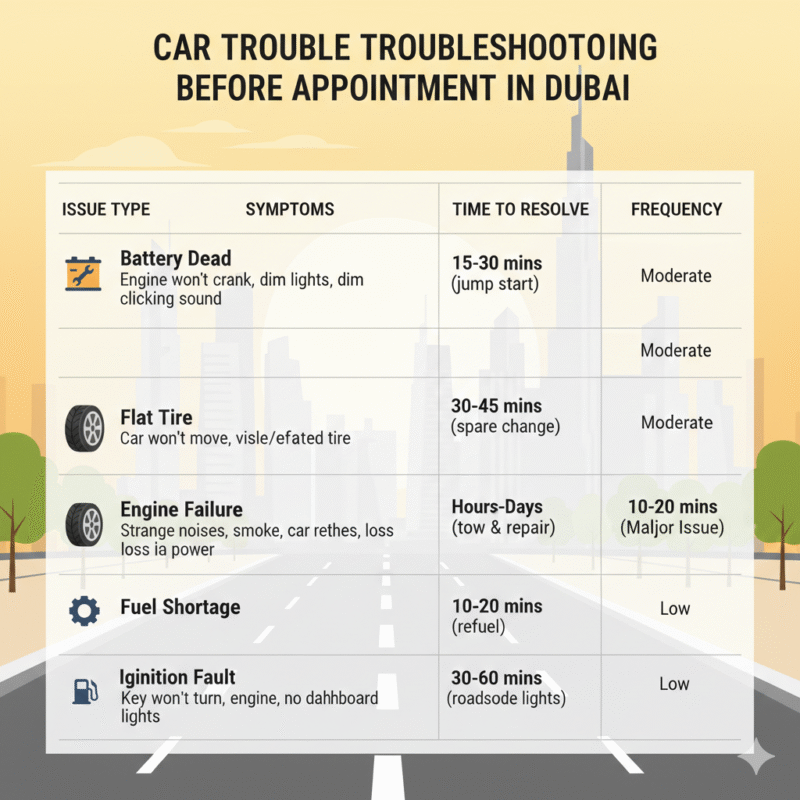 Infographic table showing battery dead, flat tire, engine failure, fuel shortage, and ignition fault as causes of car stuck before appointment Dubai with symptoms and resolution time