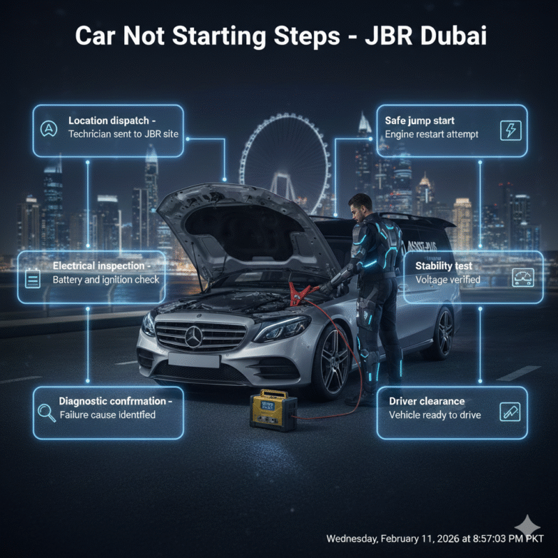 Step-by-step car not starting process infographic showing roadside technician assisting a vehicle in JBR Dubai