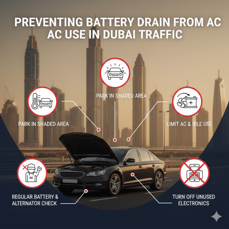 Illustration of a car with tips to prevent battery drain from AC use in Dubai, including limiting AC, battery maintenance, alternator check, reducing electronics, and parking in shade