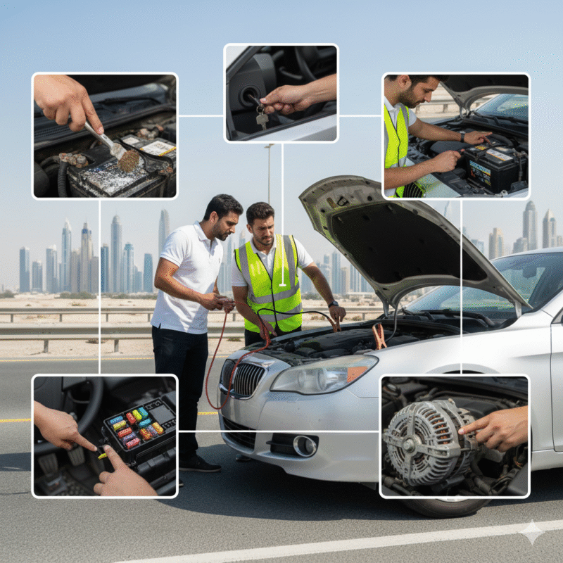 Dubai car jumpstart troubleshooting: reconnecting cables, checking donor battery, cleaning terminals, revving donor engine, retrying ignition, inspecting alternator and fuses