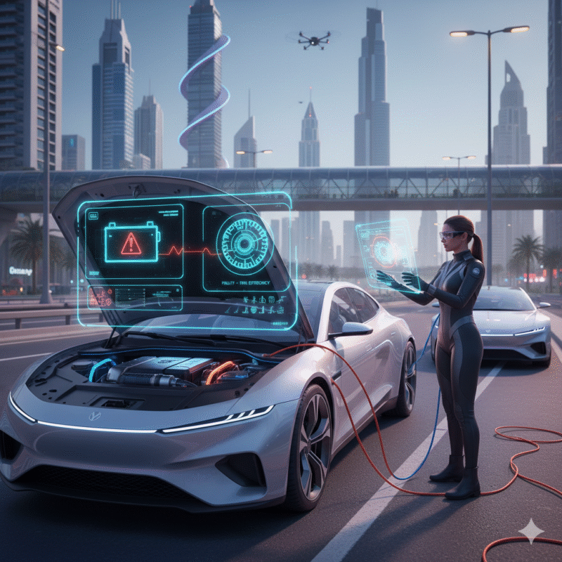 Dubai car with dead battery, holographic diagnostic display, glowing jumper cables connected to donor car, futuristic dashboard showing alternator and electrical system status