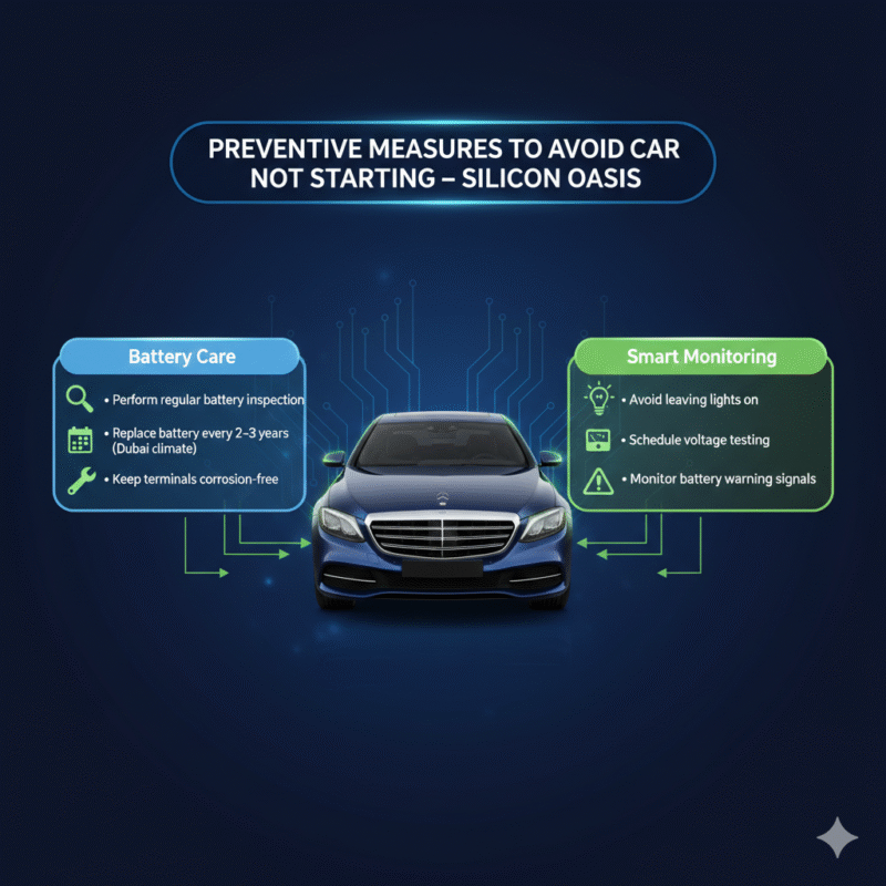 Professional infographic titled “Preventive Measures to Avoid Car Not Starting – Silicon Oasis” showing battery care and monitoring tips on both sides with a luxury branded vehicle in the center connected by animated safety and battery icons.