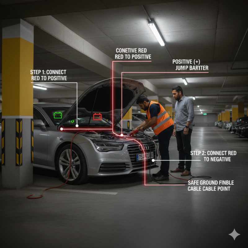 Jump Starting a Dead Car With Another Vehicle Two cars in an underground Dubai garage connected with jumper cables for a safe jump start.