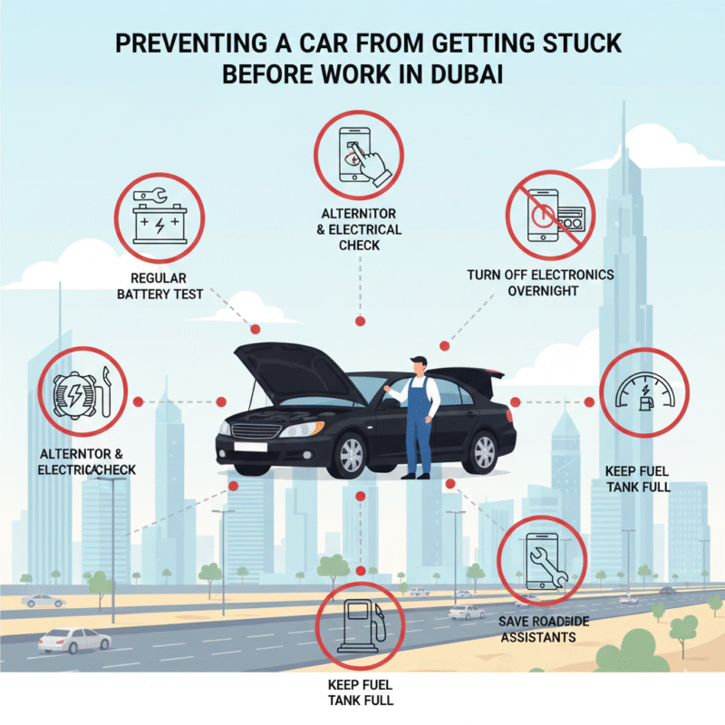 Illustration of a car with tips to prevent getting stuck before work in Dubai, including battery maintenance, alternator check, full fuel, limiting overnight electronics, and roadside assistance contacts