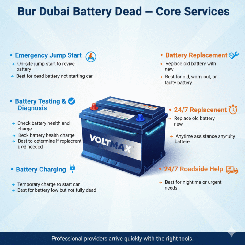 “Animated-style feature image showing core services for dead battery help in Bur Dubai, title on top, premium battery in center, services displayed on sides with icons.”
