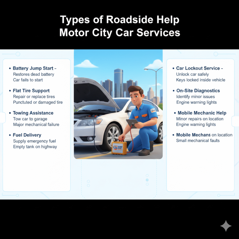 "Animated 3D illustration showing a roadside technician assisting a car in Motor City, with side spaces for key bullet points about types of roadside help services."