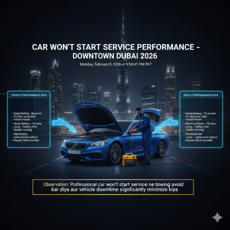 Infographic showing car won’t start service performance in Downtown Dubai with vehicle issues, response times, service actions, and results