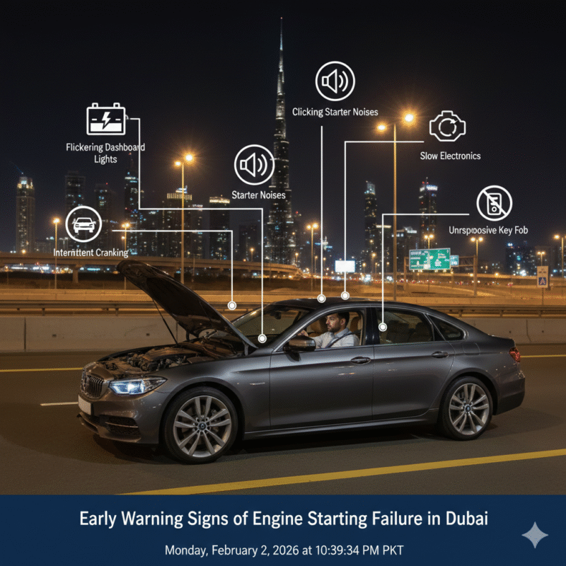 Driver trying to start a car on Dubai roadside with flickering dashboard lights and weak electronics, showing engine failure symptoms.