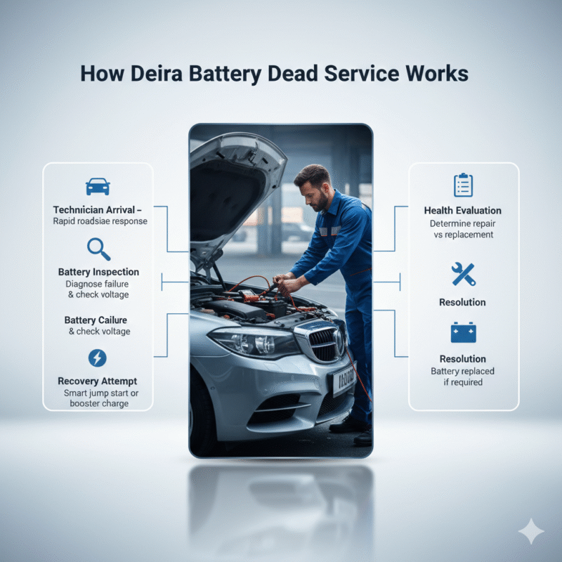 Visual infographic showing how Deira battery dead service works, with step-by-step points highlighted on the sides and a central roadside technician performing battery recovery.