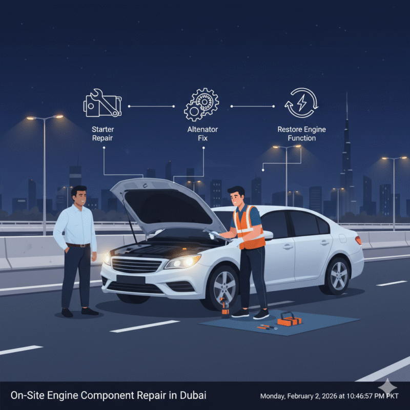Technician repairing starter motor or alternator on a stranded car with engine not turning over on a Dubai roadside.