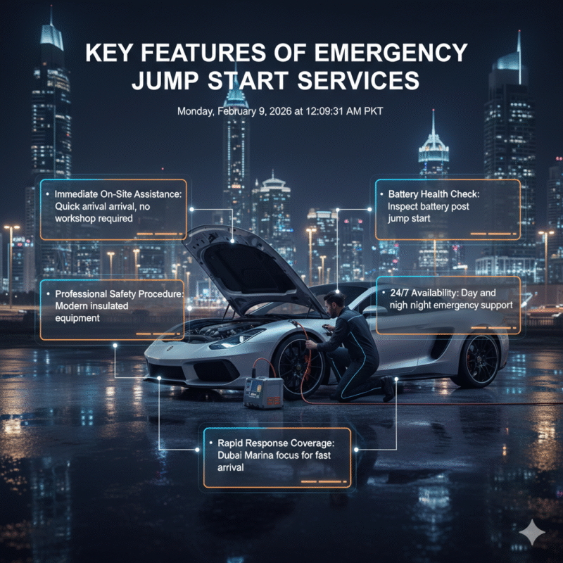 Luxury car receiving emergency jump start with infographic-style panels showing key service features on sides