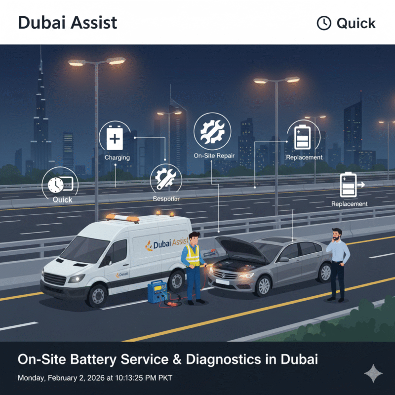 Mobile roadside assistance van helping a stranded car with dead battery on a Dubai highway.