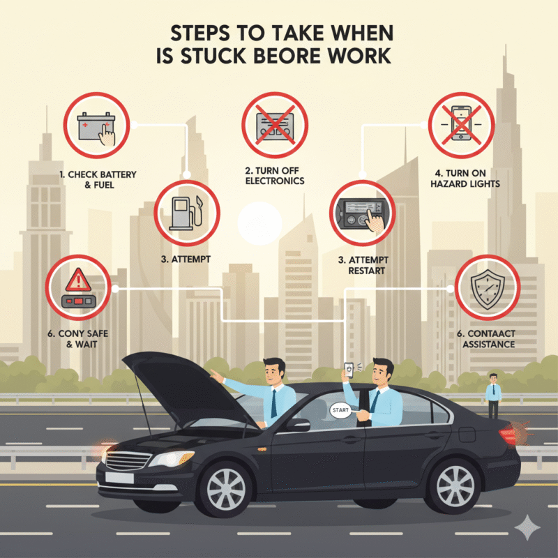 Illustration showing a driver taking step-by-step actions when car is stuck before work in Dubai, including checking battery, fuel, turning off electronics, restarting, and calling roadside assistance