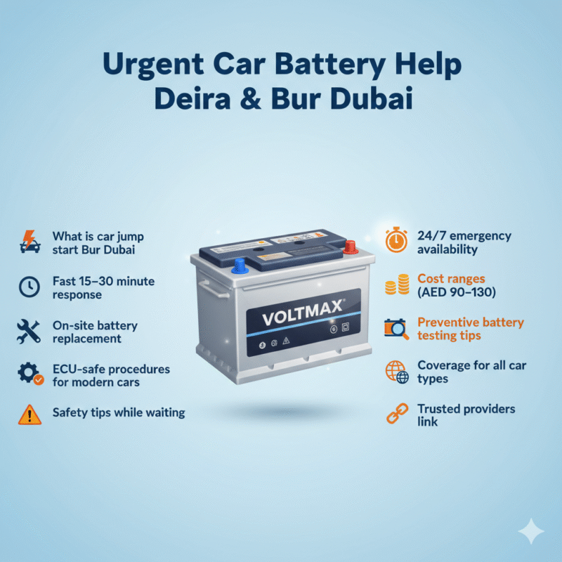 “Animated-style feature image showing FAQs for Car Jump Start Bur Dubai, title on top, sleek battery in center, key points displayed on sides with icons.”