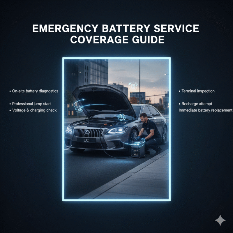 "Emergency battery service guide image with top title, side service coverage points, and central luxury roadside technician scene with animated highlights."