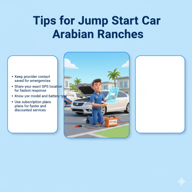 "Animated 3D illustration showing a technician assisting a car in Arabian Ranches, with side spaces for jump start tips and Car Jump Start UAE branding."