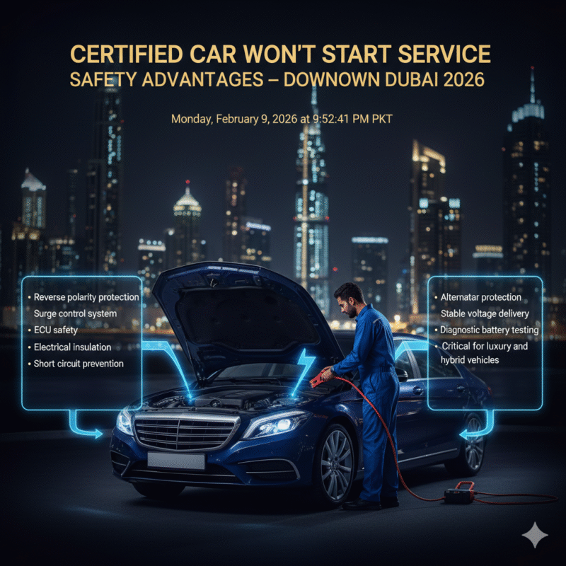 Infographic showing certified car won’t start service safety features in Downtown Dubai with luxury car and certified technician