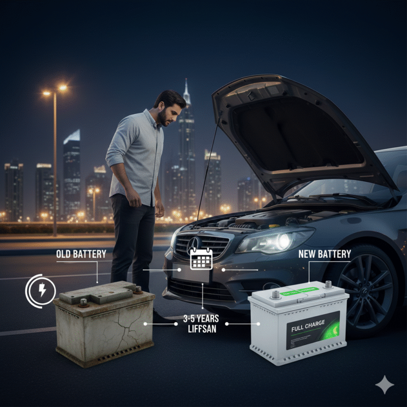 Illustration of an old weak car battery compared to a new battery in a Dubai night setting