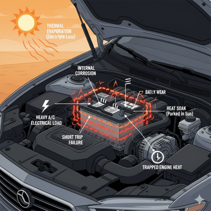 Infographic showing causes of battery died in desert heat Dubai with overheating car battery diagram