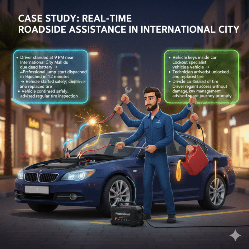 Animated-style illustration of a professional roadside technician performing jump start, tire repair, lockout, and fuel delivery in International City Dubai. Title "Case Study: Real-Time Roadside Assistance in International City" at the top. Case study points displayed on sides in bullet format.