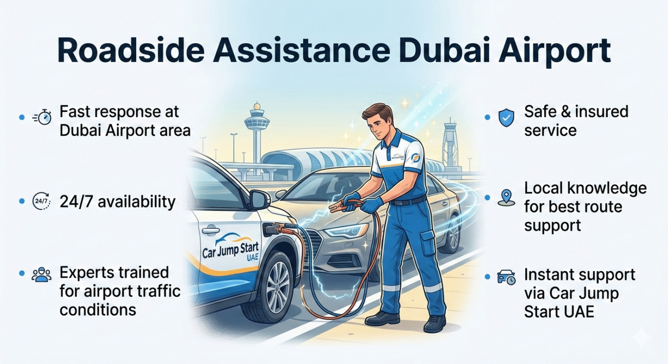 "Roadside Assistance Dubai Airport user guide image showing a technician from Car Jump Start UAE assisting a car, with key benefits displayed on the sides."