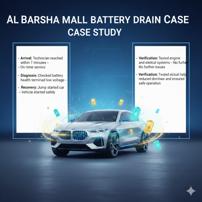 Feature image showing 'Al Barsha Mall Sedan Battery Drain Case Study' title at the top, luxury sedan in the center with glowing battery symbols, and case study steps displayed on the left and right sides.
