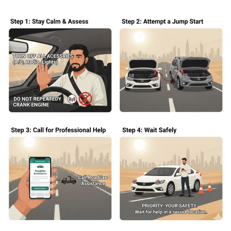 Driver performing emergency jump start, calling roadside assistance, and avoiding repeated cranking during car not starting hot afternoon Dubai 2026