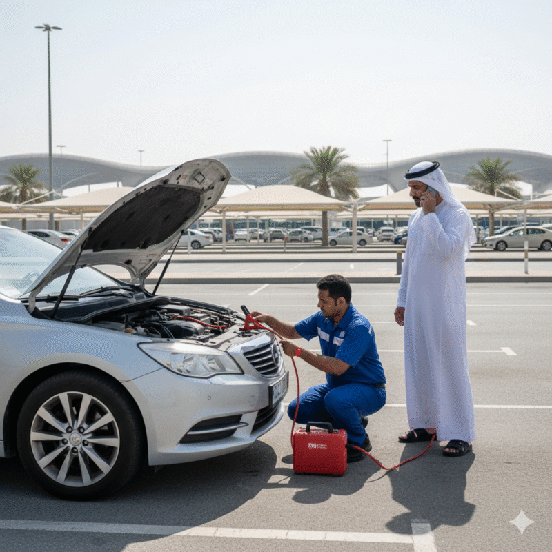 Stranded car in Dubai airport parking with technician using a portable jump starter under bright sunlight.