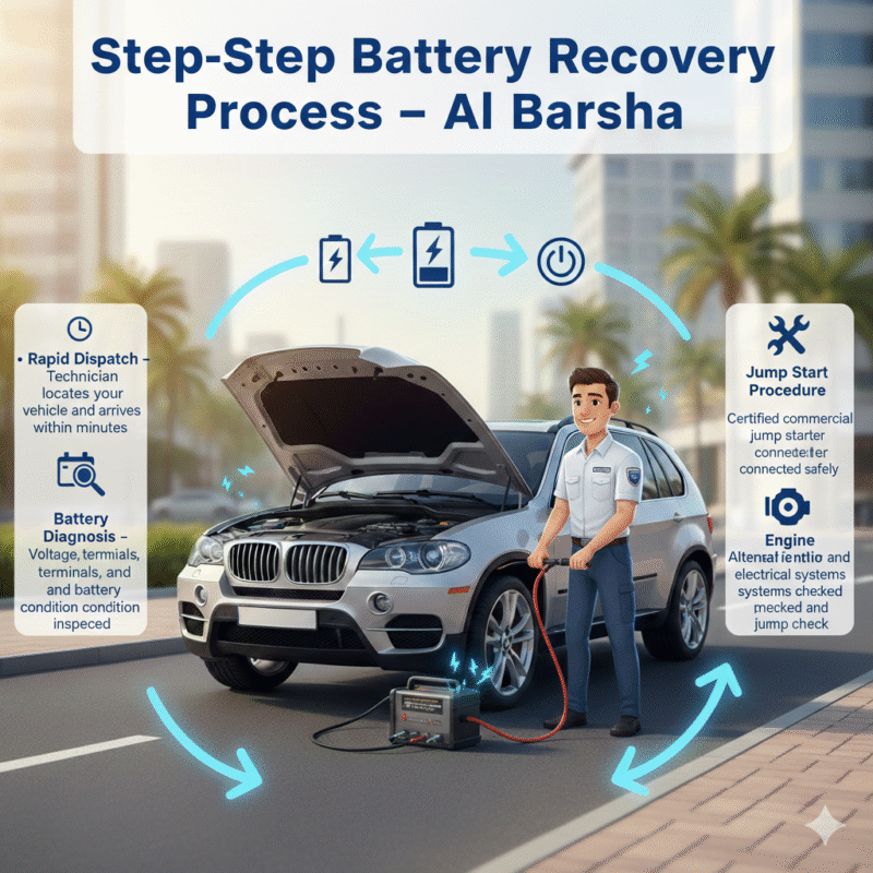 “Animated infographic-style feature image showing a luxury car in Al Barsha being professionally jump-started by a technician, with side panels displaying step-by-step battery recovery process and a dynamic title on top.”
