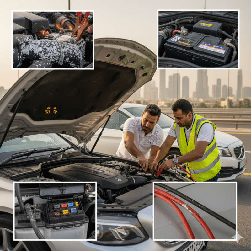 Dubai car with dead battery, weak donor car, damaged jumper cables, corroded terminals, alternator warning, and electrical faults preventing jumpstart