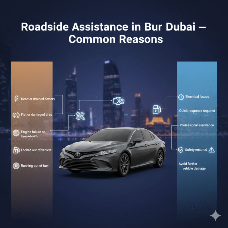 “Animated-style feature image showing common reasons for requesting roadside assistance in Bur Dubai, title on top, central premium car or battery image, reasons displayed on sides with icons.”