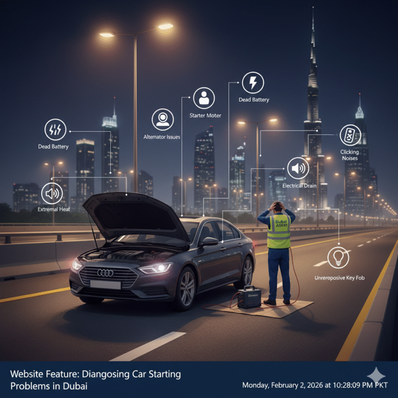 Stranded car on Dubai roadside with open hood, engine not turning over, and technician ready to assist.