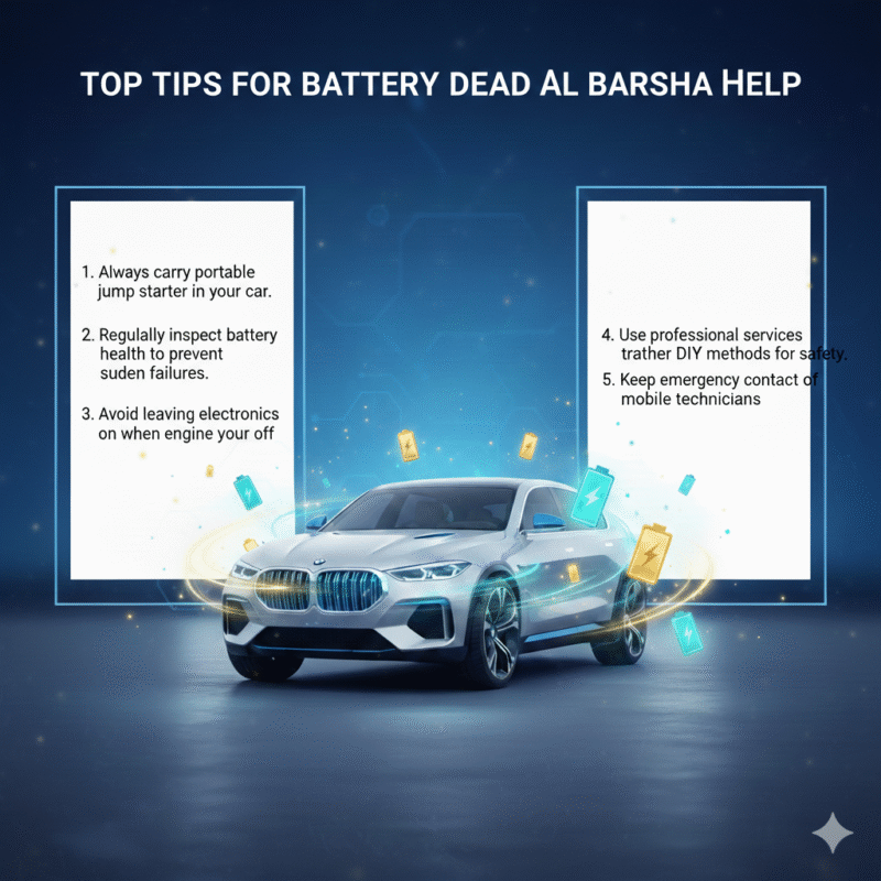 Feature image showing 'Top Tips for Battery Dead Al Barsha Help' title at the top, luxury car in the center with glowing battery symbols, and top tips displayed on the left and right sides.
