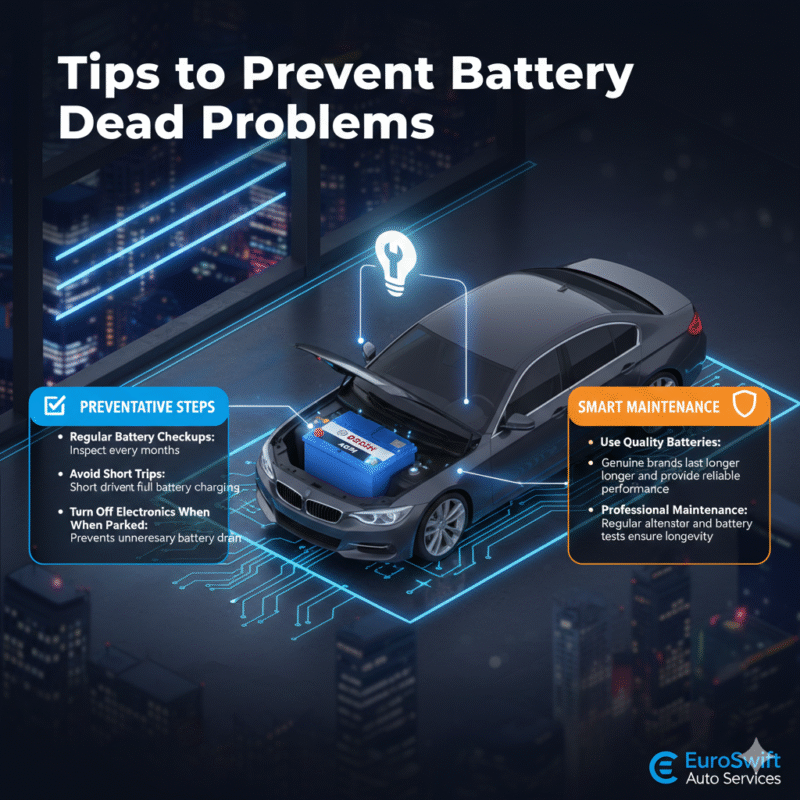 “User guide illustration showing the title at the top, key battery prevention tips on the sides, and an animated car battery scene with a brand logo in the center.”