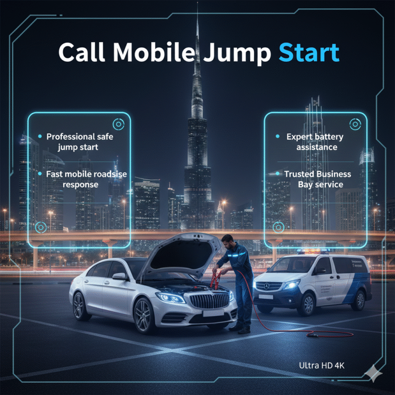 Roadside technician performing professional mobile car jump start in Business Bay emergency guide image