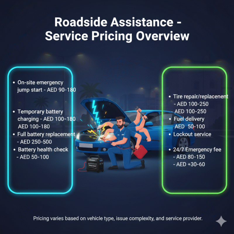 Animated-style illustration of a professional roadside technician assisting a car in International City Dubai. Title "Roadside Assistance – Service Pricing Overview" at the top. Key service pricing displayed on sides in bullet format.