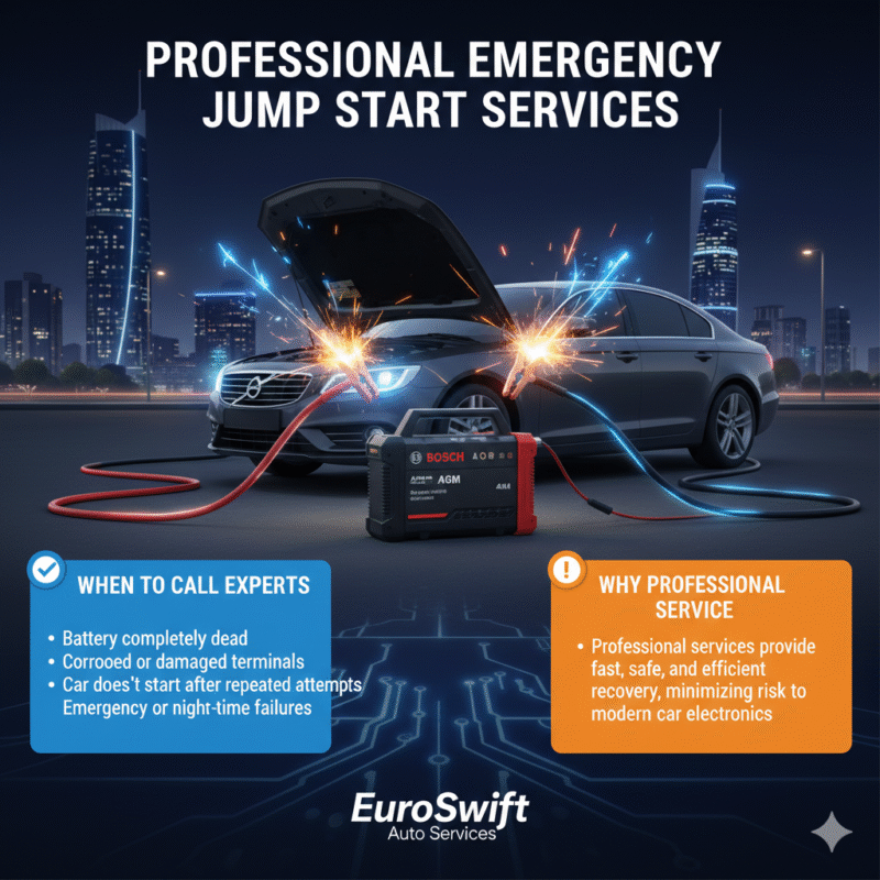 “User guide illustration showing the title at the top, key points on the sides, and a central animated car jump start scene with a brand logo.”