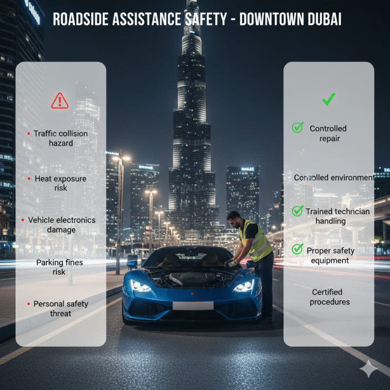 Infographic showing roadside assistance risks and safety measures in Downtown Dubai with professional technician