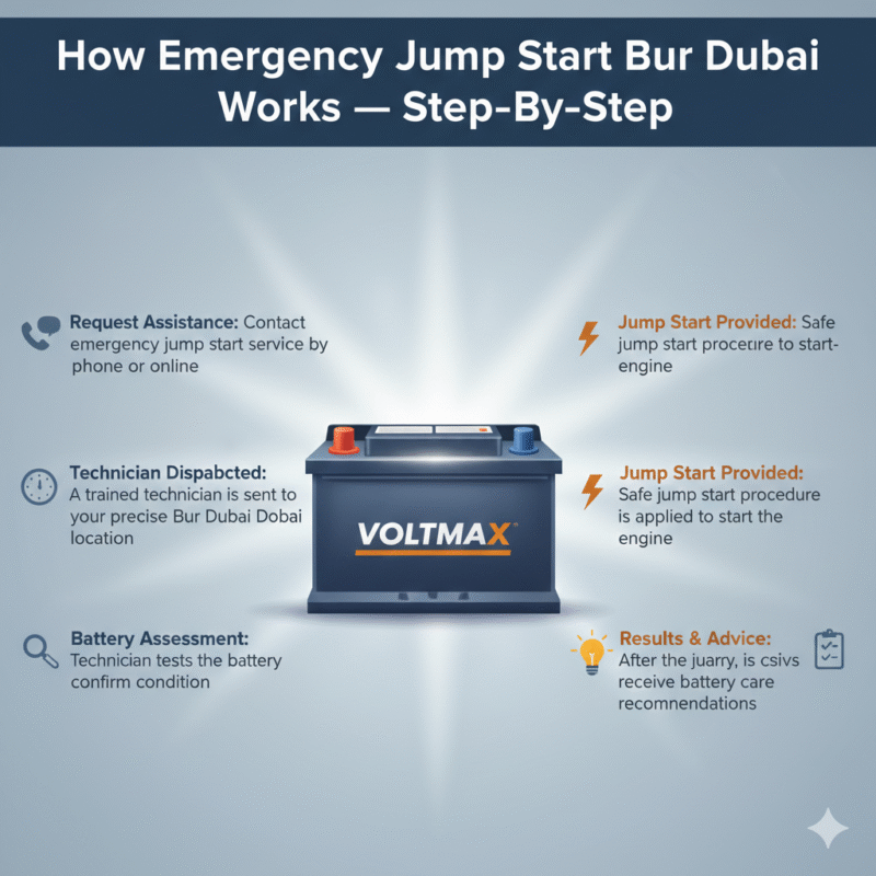 “Animated-style feature image showing step-by-step process of emergency jump start in Bur Dubai, title on top, premium battery in center, steps displayed on sides with icons.”