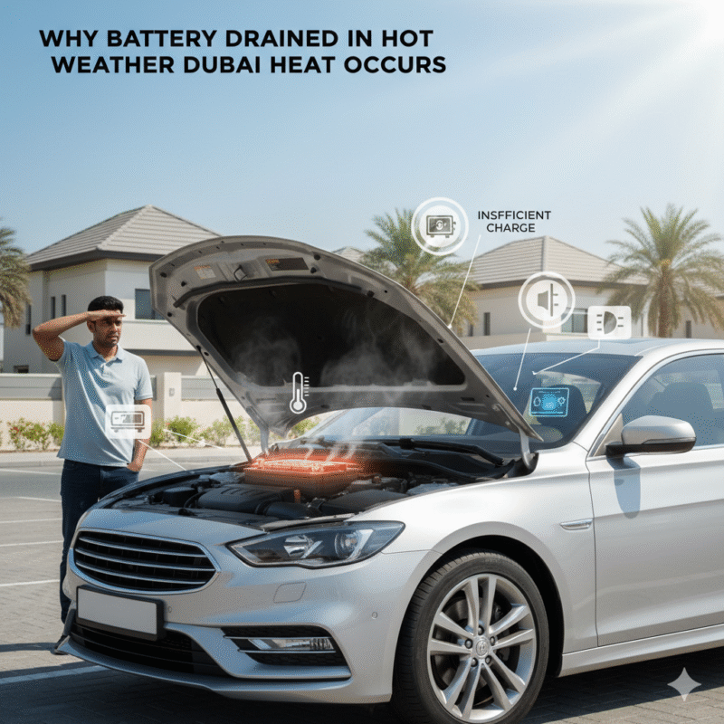 Car parked in Dubai sun with battery stress indicators, showing causes of battery drained in hot weather Dubai.