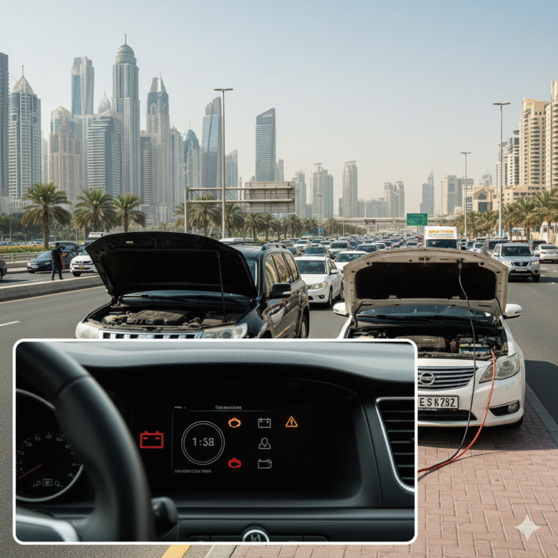 Dubai Marina SUV waiting for jumpstart service, donor car battery low, battery terminals corroded, alternator output low, traffic congestion visible