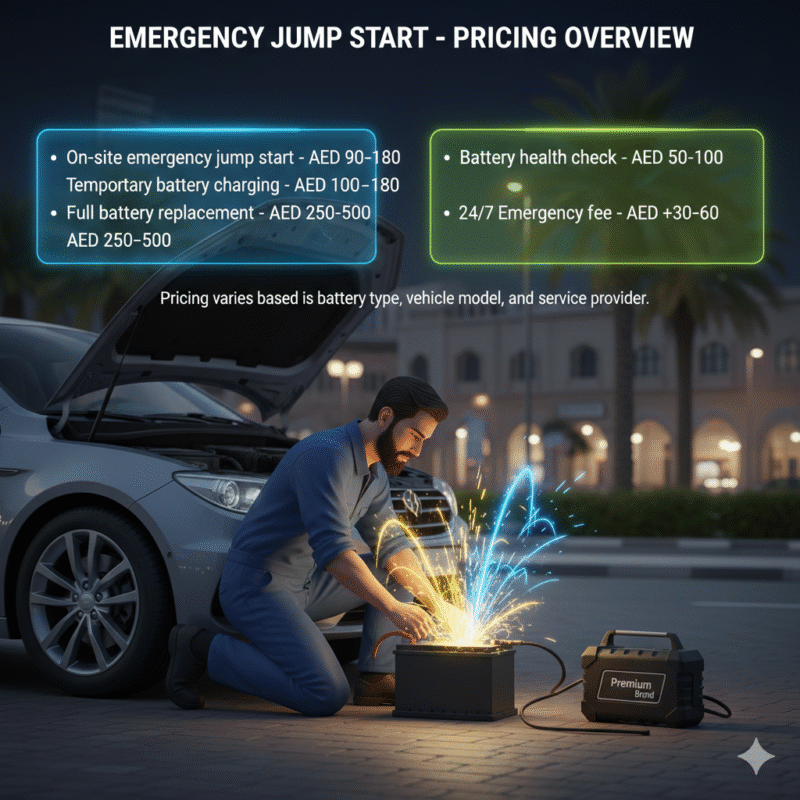 Animated-style illustration of a professional technician performing a jump start or battery replacement in International City Dubai. Title "Emergency Jump Start – Pricing Overview" at the top. Key pricing points displayed on sides in bullet format.