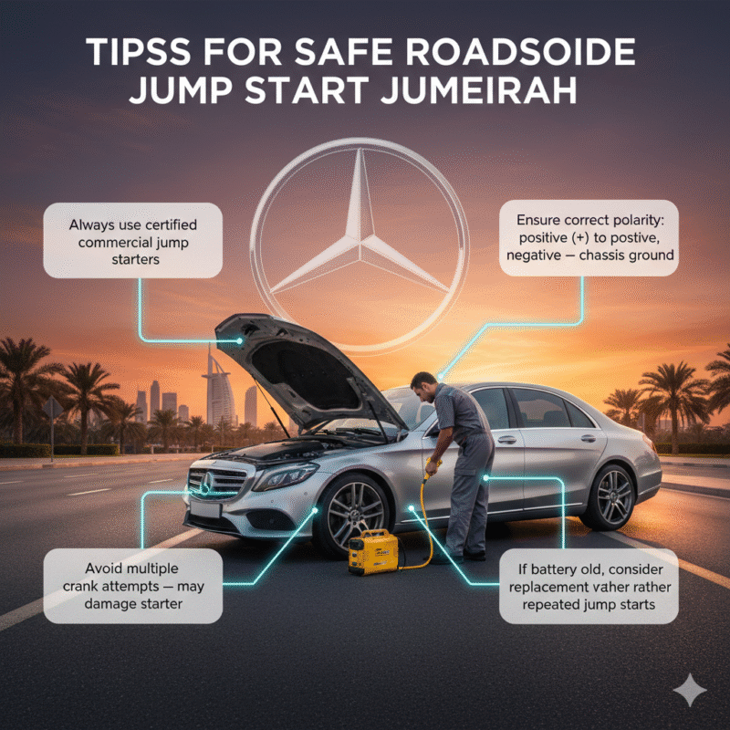 Luxury car stalled on Jumeirah street with roadside technician, infographic showing safe jump start tips including certified jump starters, correct polarity, avoiding multiple cranks, and battery replacement