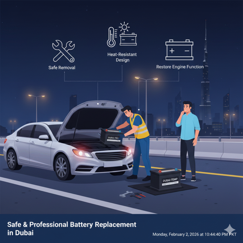 Technician replacing old battery with heat-resistant battery on a stranded car with engine not turning over on Dubai roadside.