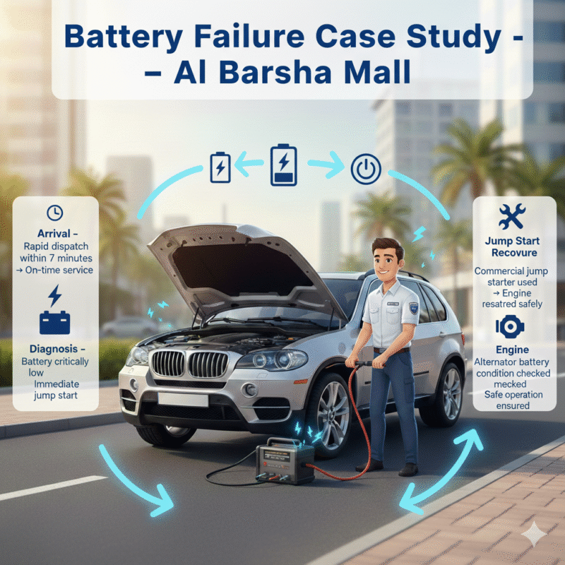 “Animated infographic-style feature image showing a luxury SUV in Al Barsha Mall being jump-started by a certified technician, with side panels displaying step-by-step case study stages and a dynamic title on top.”