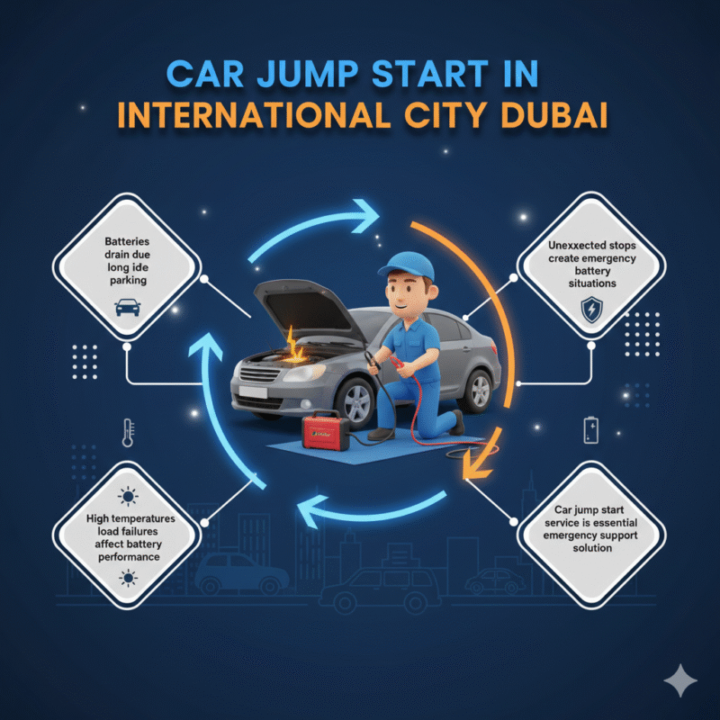 Animated infographic showing "Car Jump Start in International City Dubai" with central brand visual and key points displayed on sides.